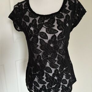 INC International Concepts Black Floral Lace Cap Sleeve Top
